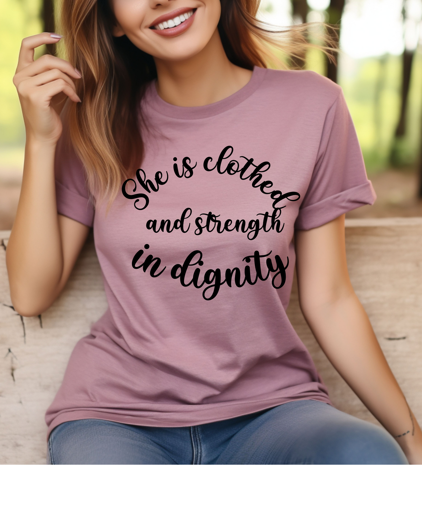 She is clothed in dignity, christian clothing, religious apparel