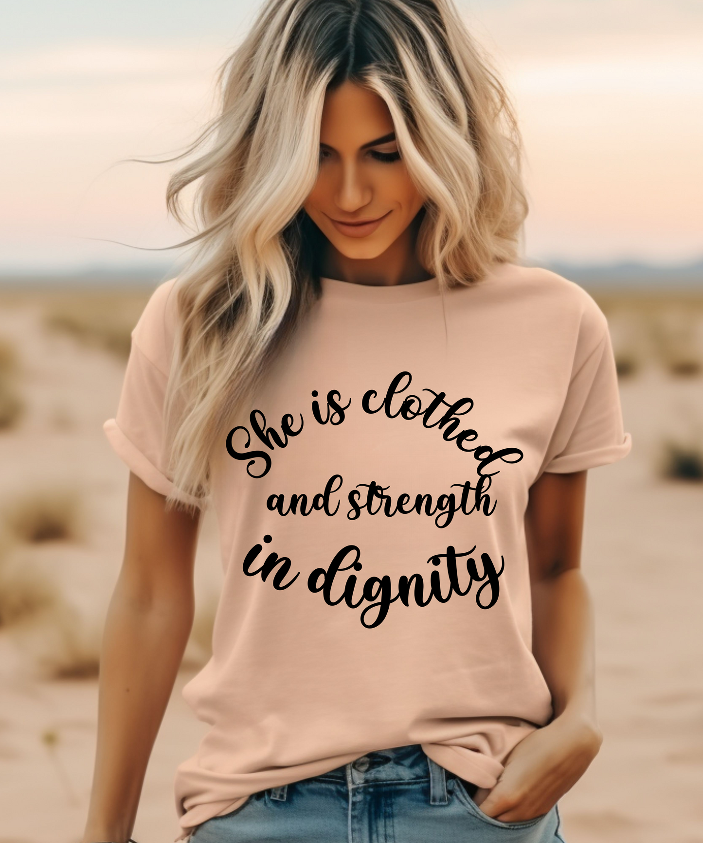 She is clothed in dignity, christian clothing, religious apparel